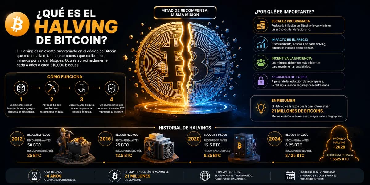 Infografía explicando qué es el halving de Bitcoin y cómo reduce a la mitad la recompensa de los mineros cada 210.000 bloques